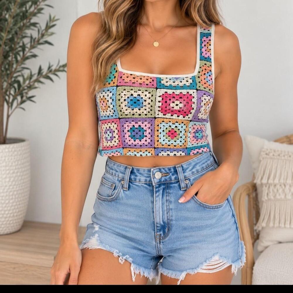 Shein multicolored crochet square crop